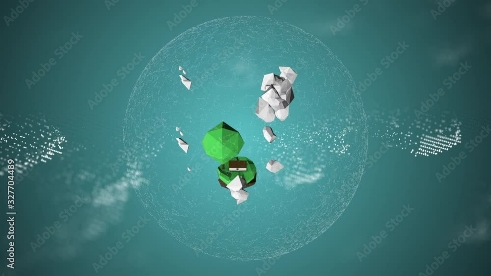 Poster 3d animation of rotating low poly island with alpha channel on blue background.