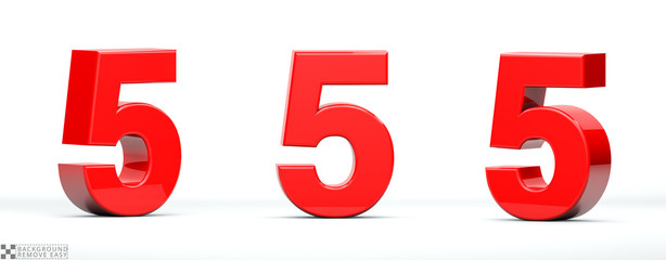 Fototapeta Number 5 of red color in 3 positions. 3d Render illustration at different angles: Front, right side, left side. White background, isolated. obraz