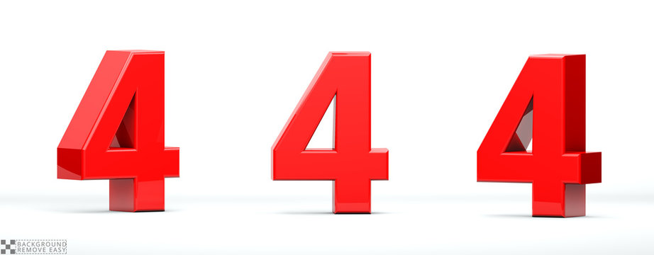 Number 4 of red color in 3 positions. 3d Render illustration at different angles: Front, right side, left side. White background, isolated.