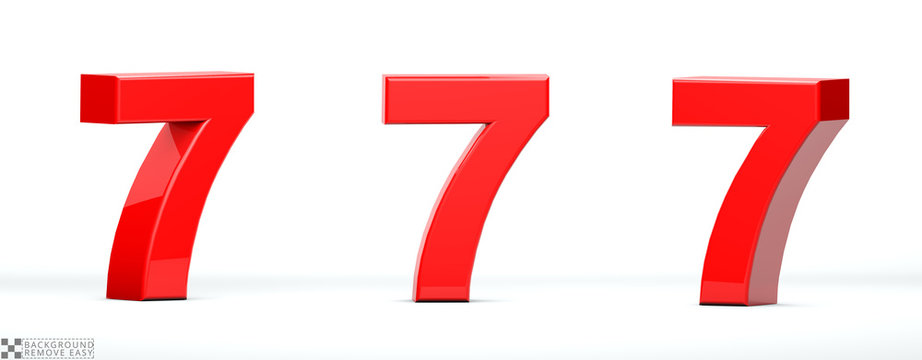 Number 7 of red color in 3 positions. 3d Render illustration at different angles: Front, right side, left side. White background, isolated.