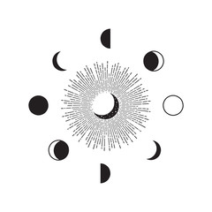 Hand Drawn Abstract Composition with  Moons Phases and Sunburst.