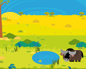 cartoon africa safari scene with cute wild animal by the pond illustration