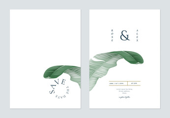 Minimalist foliage wedding invitation card template design, green banana leaf on white