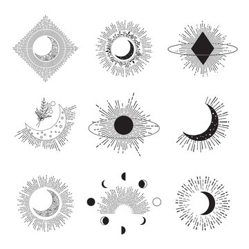 Hand Drawn Cosmic Decorative Elements, Moon Phases, Sun and Sunburst. Vector templates.