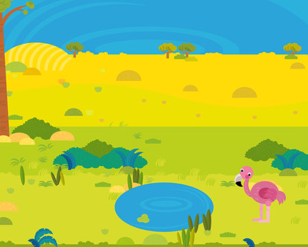 cartoon africa safari scene with cute wild animal by the pond illustration