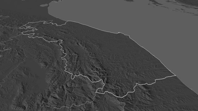 Marche, region with its capital, zoomed and extruded on the bilevel map of Italy in the conformal Stereographic projection. Animation 3D