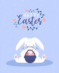 Fototapeta na wymiar Happy easter card funny baby rabbit with eggs