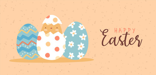 Happy easter card of funny baby chicken egg