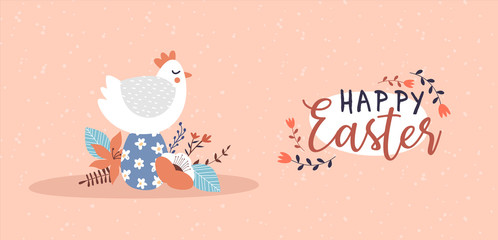 Happy easter card of funny chicken bird egg