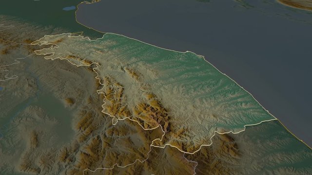 Marche, region with its capital, zoomed and extruded on the relief map of Italy in the conformal Stereographic projection. Animation 3D