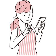 手描き1color  エプロンの女性　スマホ操作