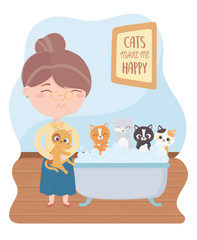 cats make me happy, old woman bathing cats in bathtub