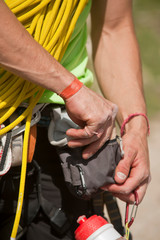 flat detail rock climber competition, with, hand in magnesium bag, 