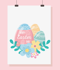 happy easter day, card painted eggs flowers foliage