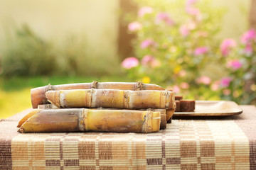 Close up pieces of sugar cane chopped are on the table among vintage garden background.selective focus.