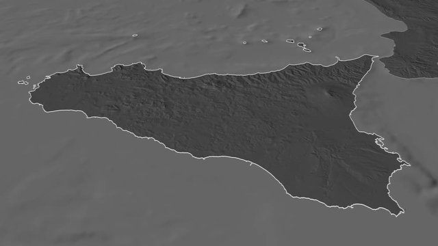Sicily, autonomous region with its capital, zoomed and extruded on the bilevel map of Italy in the conformal Stereographic projection. Animation 3D