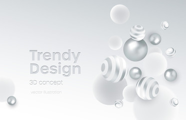 Abstract background with realistic white and silver bubblesdynamic 3d spheres. Modern trendy banner or poster design. Vector illustration
