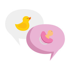 cute pacifier baby with duck rubber in speech bubbles vector illustration design