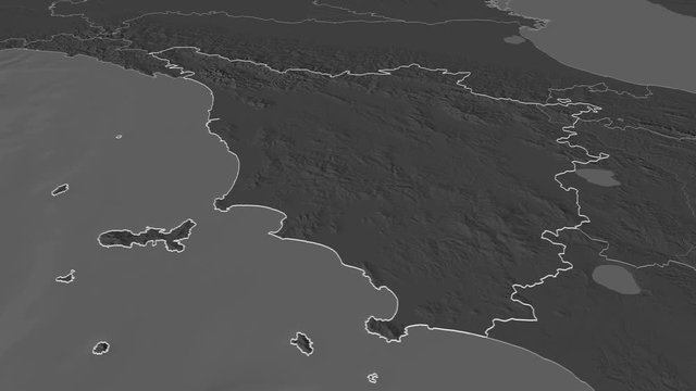 Toscana, region with its capital, zoomed and extruded on the bilevel map of Italy in the conformal Stereographic projection. Animation 3D