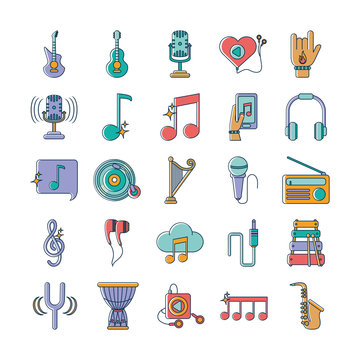 music melody sound audio icons set line and fill style