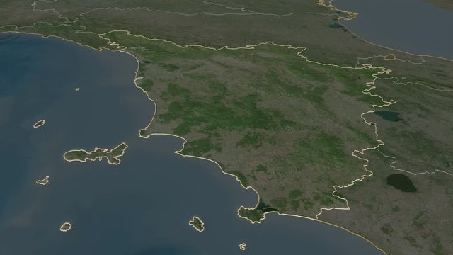 Toscana, region with its capital, zoomed and extruded on the satellite map of Italy in the conformal Stereographic projection. Animation 3D