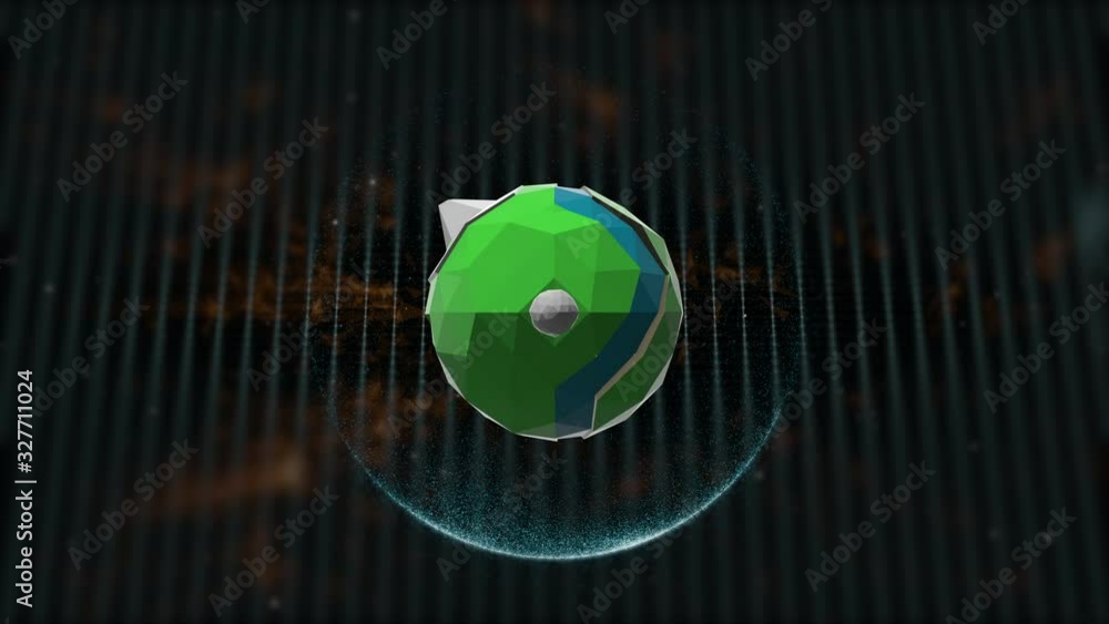 Poster alien planet concept. 3d low-poly animation of strange vivid planet in elastic gleaming grid.