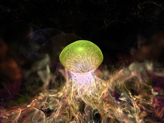 3D Illustration - Magic Mushroom, Purple Transparent Holographic Mushroom organic shape - Fantasy dream, science fiction, hallucination, hallucinogenic drugs, glowing transparent abstract artwork.
