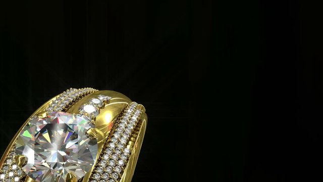 Gold ring for women rotate on black background. 3d render expensive diamond gem.