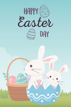 happy easter day, cute bunnies in eggshell eggs basket grass decoration