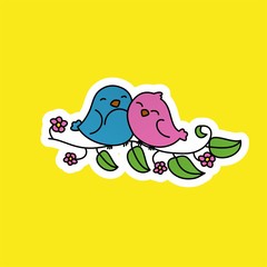 Sticker of Pink and Blue Birds are Dating, Cute Funny Character, Flat Design