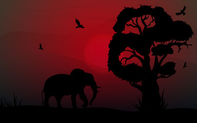 Fototapeta na wymiar African safari theme with elephant and birds in a beautiful place with a tree, vector illustration.