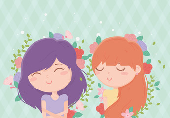 young women flowers around decoration cartoon