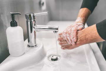 Washing hands rubbing with soap man for corona virus prevention, hygiene to stop spreading...