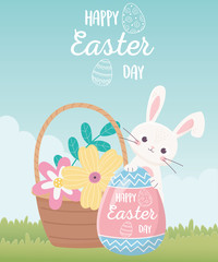 happy easter day, rabbit with lettering painted egg flowers in basket decoration