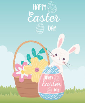 happy easter day, rabbit with lettering painted egg flowers in basket decoration