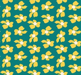 kelly green, yellow, and cream vintage 70's floral vector seamless pattern 