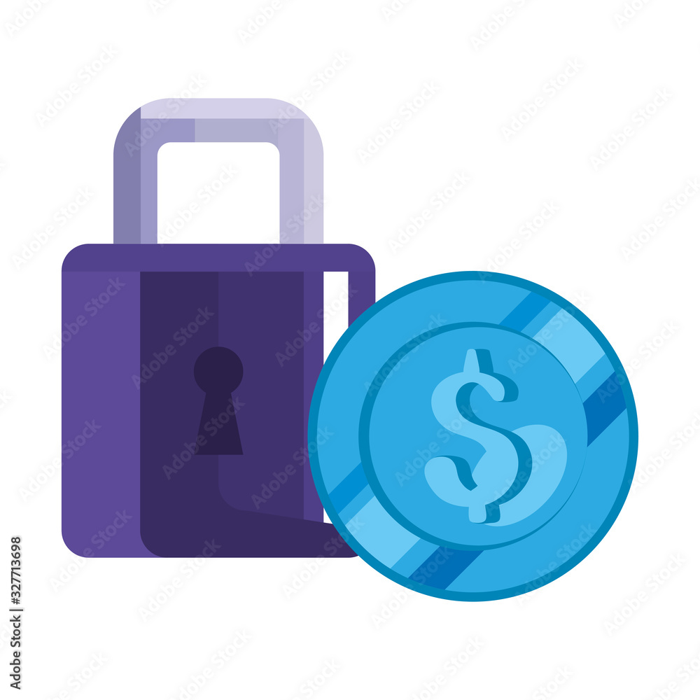 Poster padlock and coin design of security system warning protection danger web alert and safe theme vector