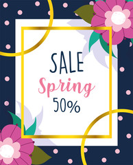 spring sale, advertisement offer seasonal flowers dotted background