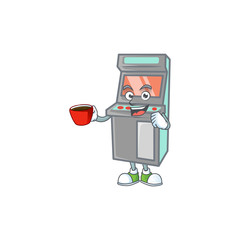 Cool arcade game machine cartoon character with a cup of coffee