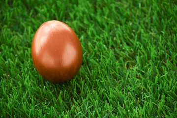 copper gold easter egg on lawn green grass