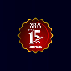 Naklejka premium Discount up to 15% off Special Offer Shop Now Tag Label Vector Template Design Illustration