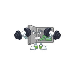 Security box open mascot icon on fitness exercise trying barbells