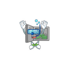 A mascot icon of security box open wearing Diving glasses