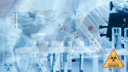 multiexposure of world map with red spots show coronavirus covid 19 infected countries overlay with laboratory activity and coronavirus tube and sign of biohazard covid 19, covid 19 world pandemic