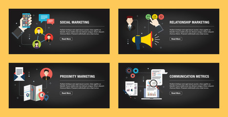Set of internet banner design templates for web sites, internet marketing, and business. Social marketing, relationship marketing, proximity marketing, and communication metrics. Flat design vector.