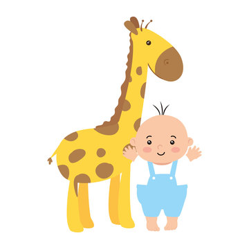 cute baby boy with giraffe isolated icon vector illustration design