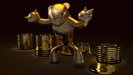 bear gold  and gold coins 3d rendering in dark tone for business content.