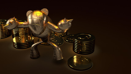 bear gold  and gold coins 3d rendering in dark tone for business content.