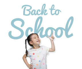 Asian child girl pointing at the isolate white background with imagination the Back to School text, Creative and dreams of childhood concept