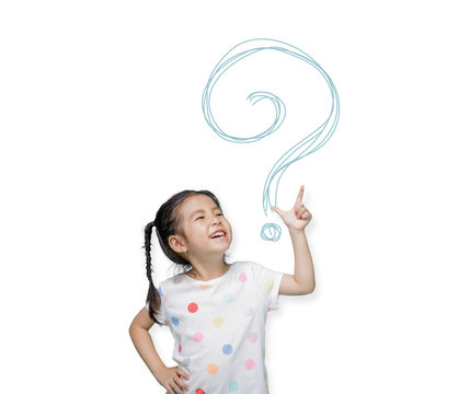 Asian Child Girl Pointing At The Isolate White Background With Imagination The Question Mark, Creative And Dreams Of Childhood Concept